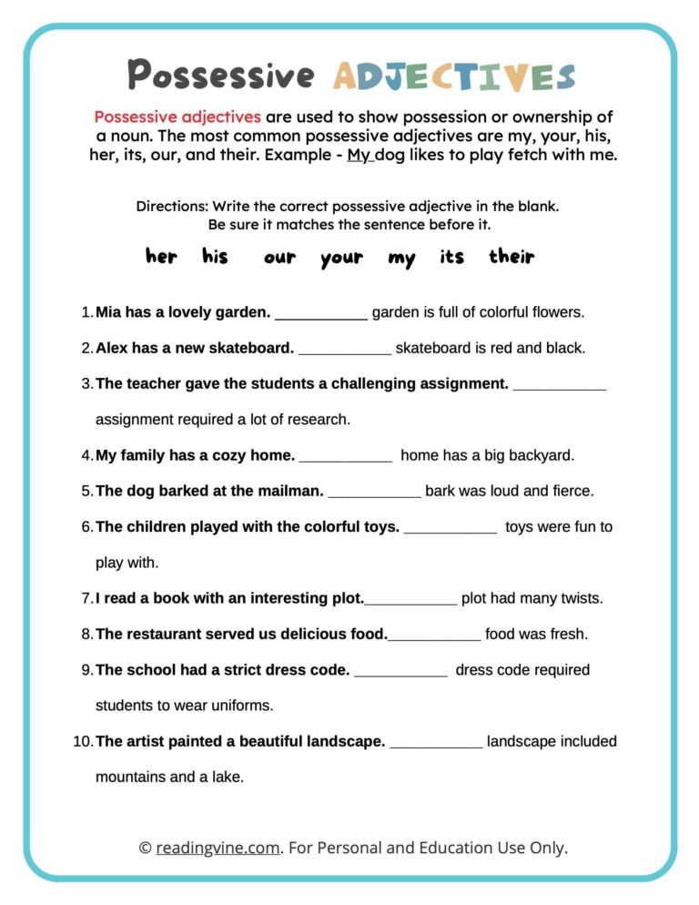 Possessive Adjectives Worksheets - Worksheets Day